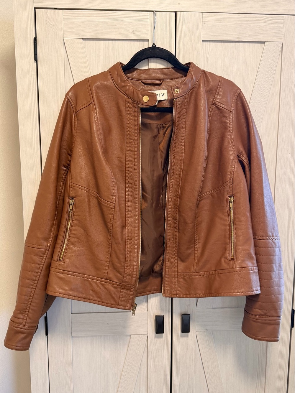 Brown Faux Leather Moto Jacket Gold Hardware (Brand New)